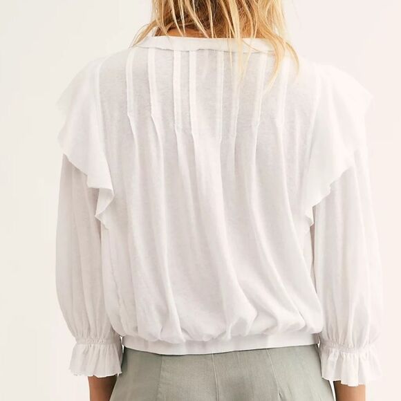 Romantic Free People Blousan Top with flutter neck and puff sleeves size small - Picture 2 of 15